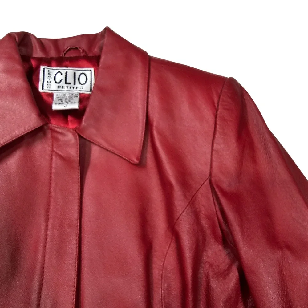Clio Vintage 90s Petites Leather Full Zip Blazer‎ Jacket Burgundy Red Womens 4 P